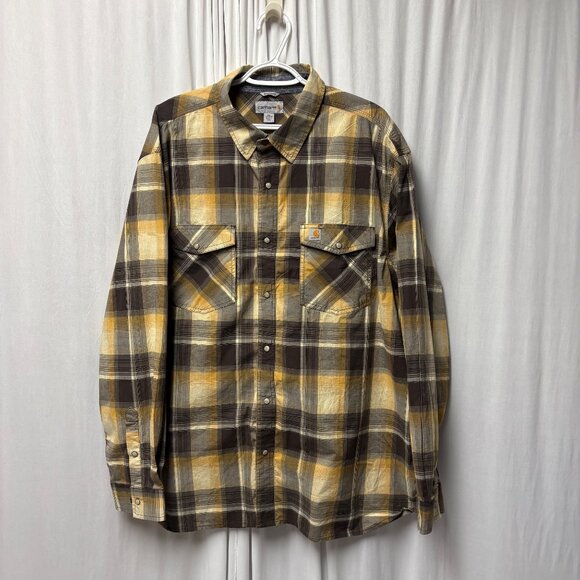 Carhartt Relaxed Fit Plaid Shirt Mens Size 2XL Brown Yellow Long Sleeve Fall - Picture 1 of 11